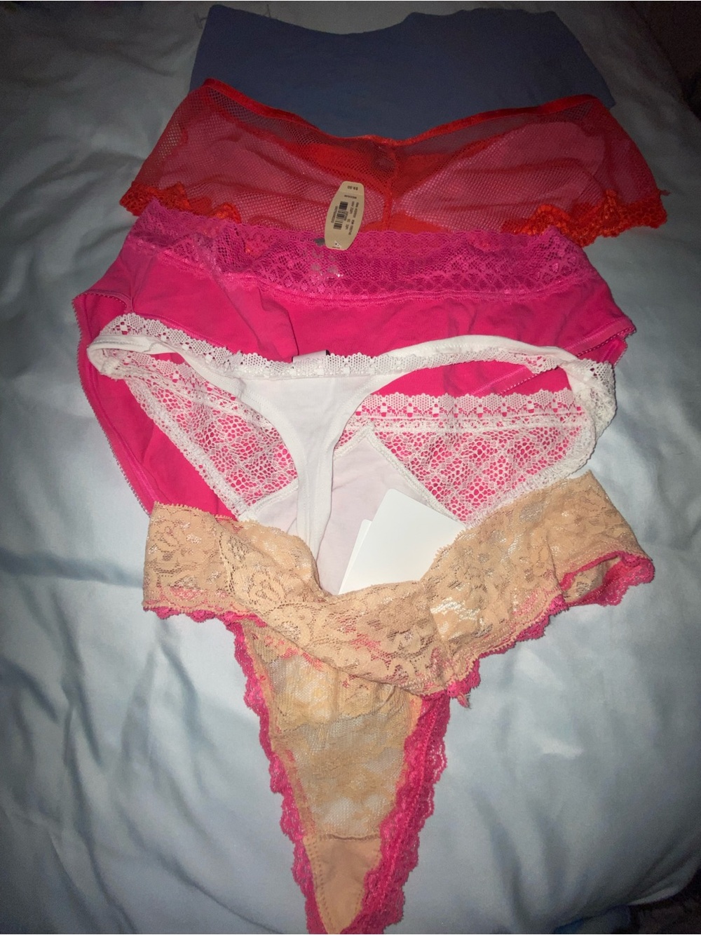 Angelina Five-Pack Lace & Mesh Panty Set in Pink, White, Peach, Coral, Blue